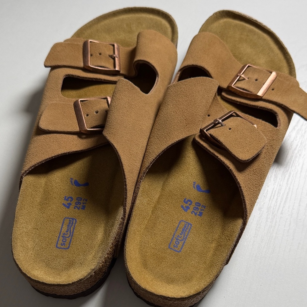 Birkenstock Tan Suede Two-Strap Slide Sandals